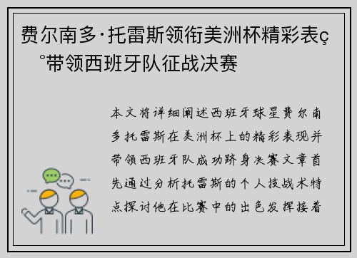 费尔南多·托雷斯领衔美洲杯精彩表现带领西班牙队征战决赛
