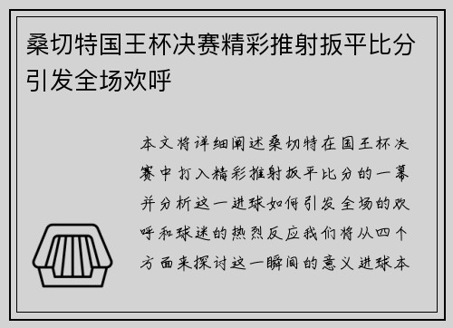 桑切特国王杯决赛精彩推射扳平比分引发全场欢呼