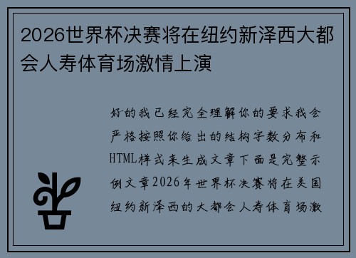 2026世界杯决赛将在纽约新泽西大都会人寿体育场激情上演